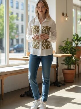MaxMara White Silk Shirt with Gold Graphic Motif
